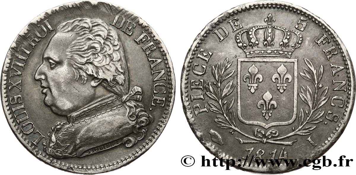 5 francs Louis XVIII, buste habillé 1814 Limoges F.308/6 TTB45 