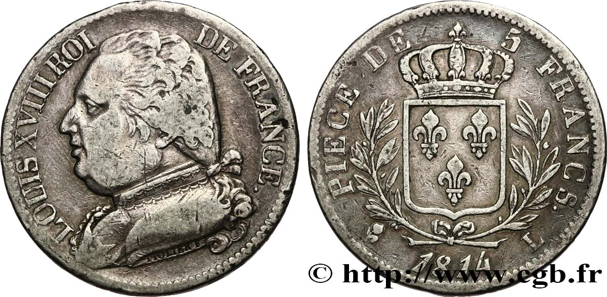 5 francs Louis XVIII, buste habillé 1814 Bayonne F.308/8 VF25 