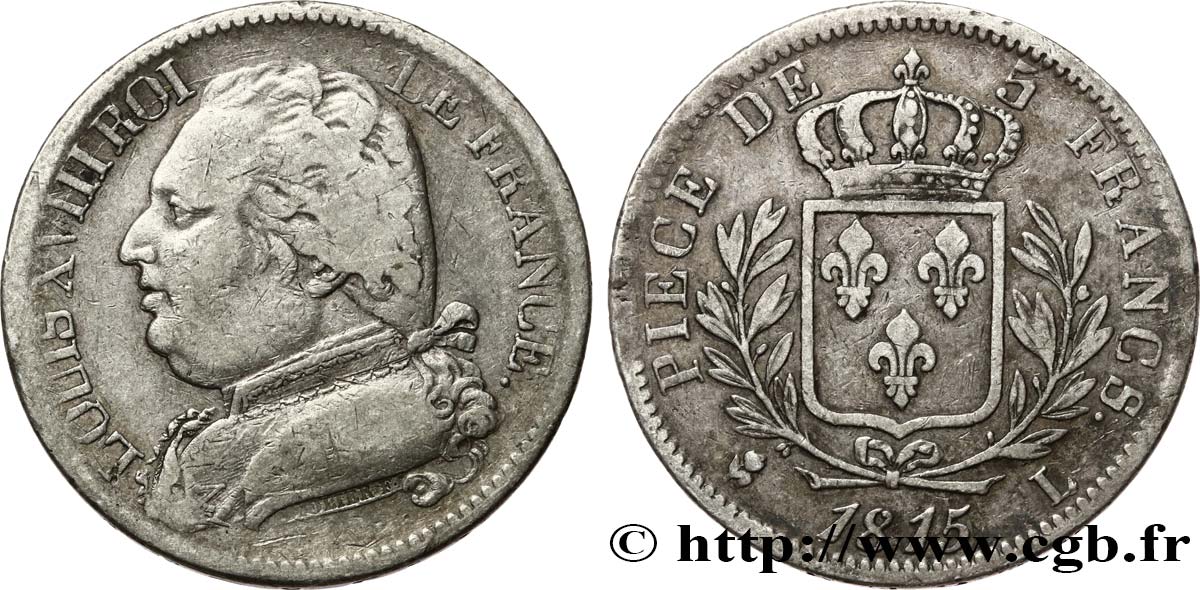 5 francs Louis XVIII, buste habillé 1815 Bayonne F.308/23 TB25 