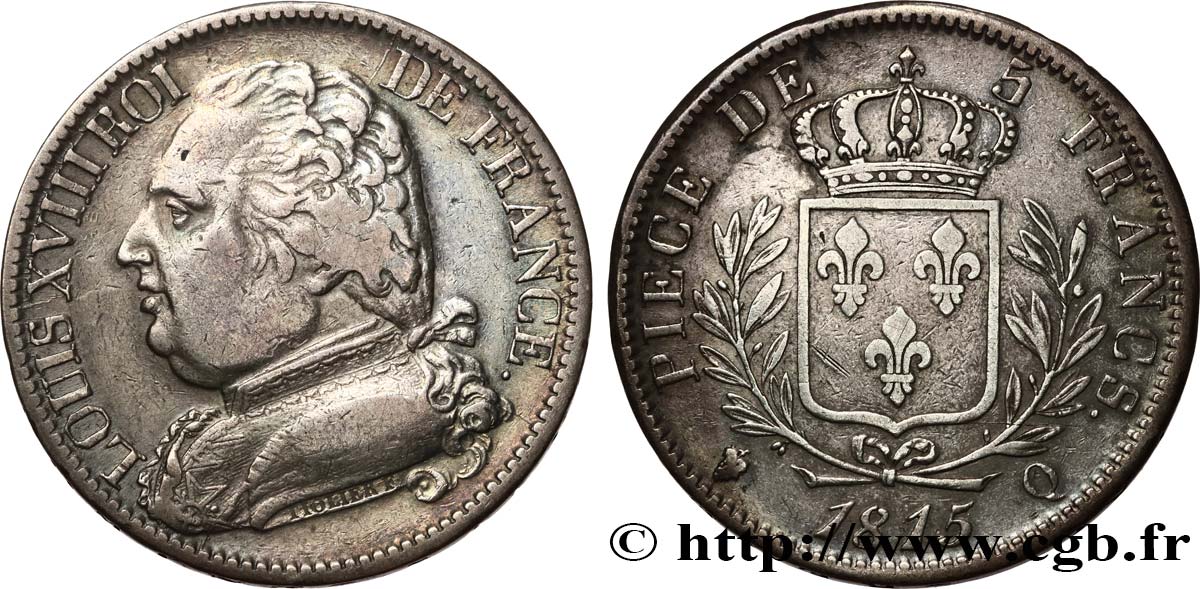 5 francs Louis XVIII, buste habillé 1815 Perpignan F.308/28 TB+ 