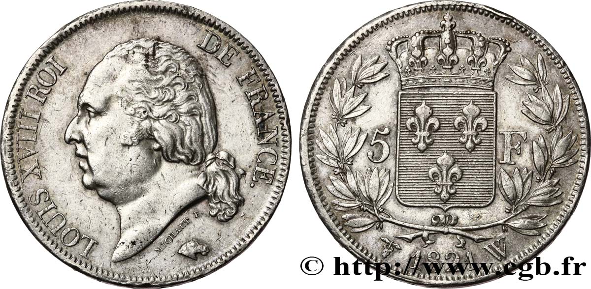 5 francs Louis XVIII, tête nue 1821 Lille F.309/67 XF 