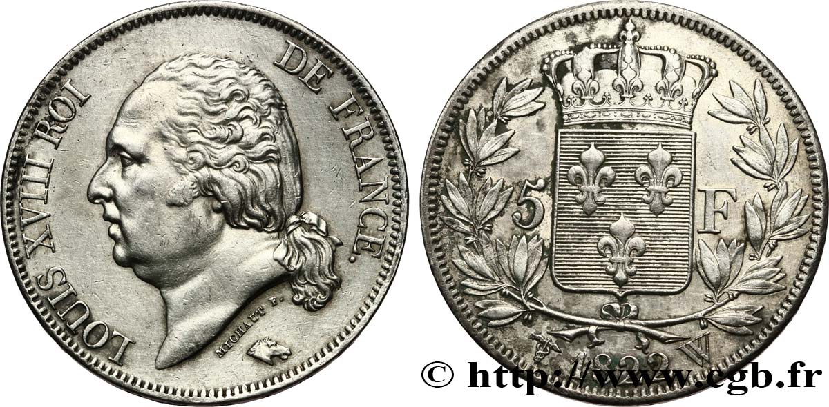 5 francs Louis XVIII, tête nue 1822 Lille F.309/75 TTB+ 