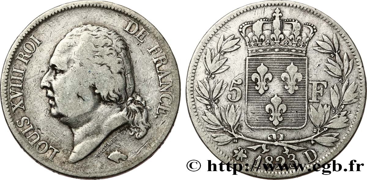 5 francs Louis XVIII, tête nue 1823 Lyon F.309/79 TB20 