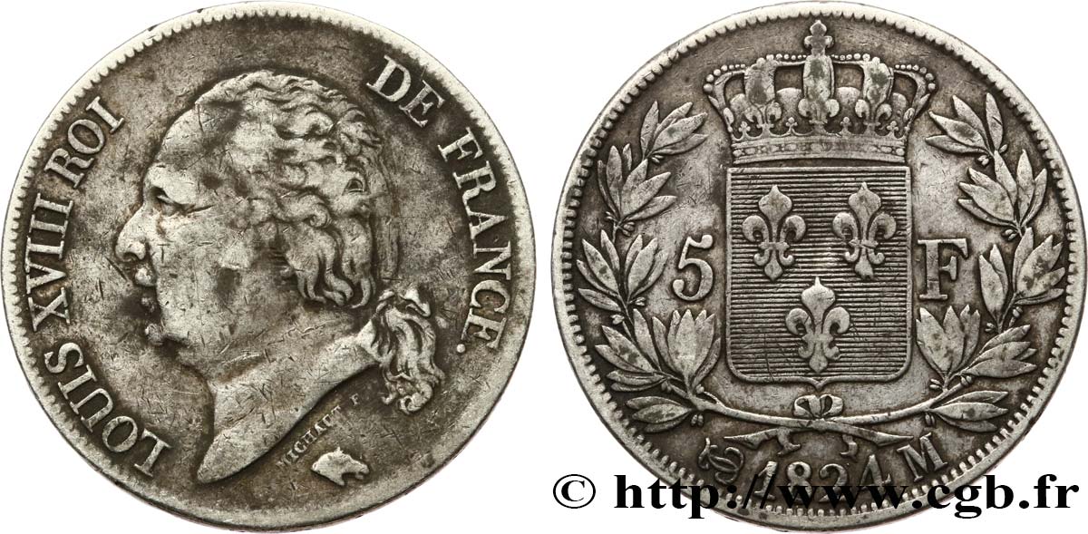 5 francs Louis XVIII, tête nue 1824 Toulouse F.309/95 TB+ 