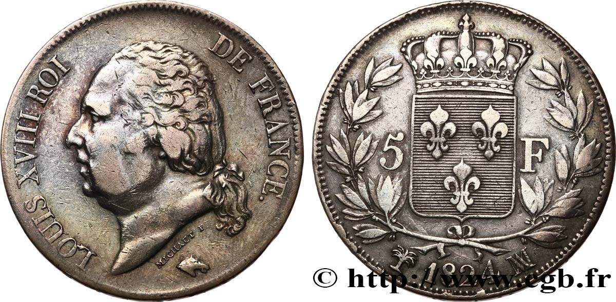 5 francs Louis XVIII, tête nue 1824 Marseille F.309/96 TB+ 