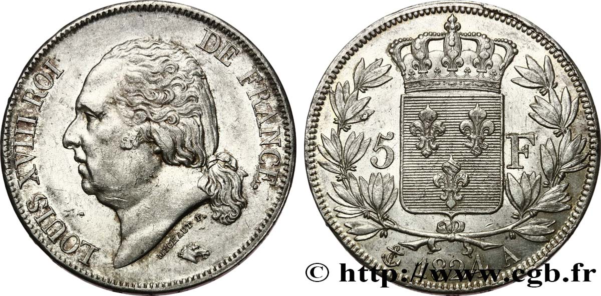 5 francs Louis XVIII, tête nue 1824 Paris F.309/88 AU 