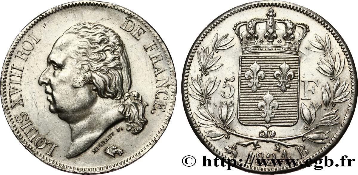 5 francs Louis XVIII, tête nue 1824 Rouen F.309/89 SUP 