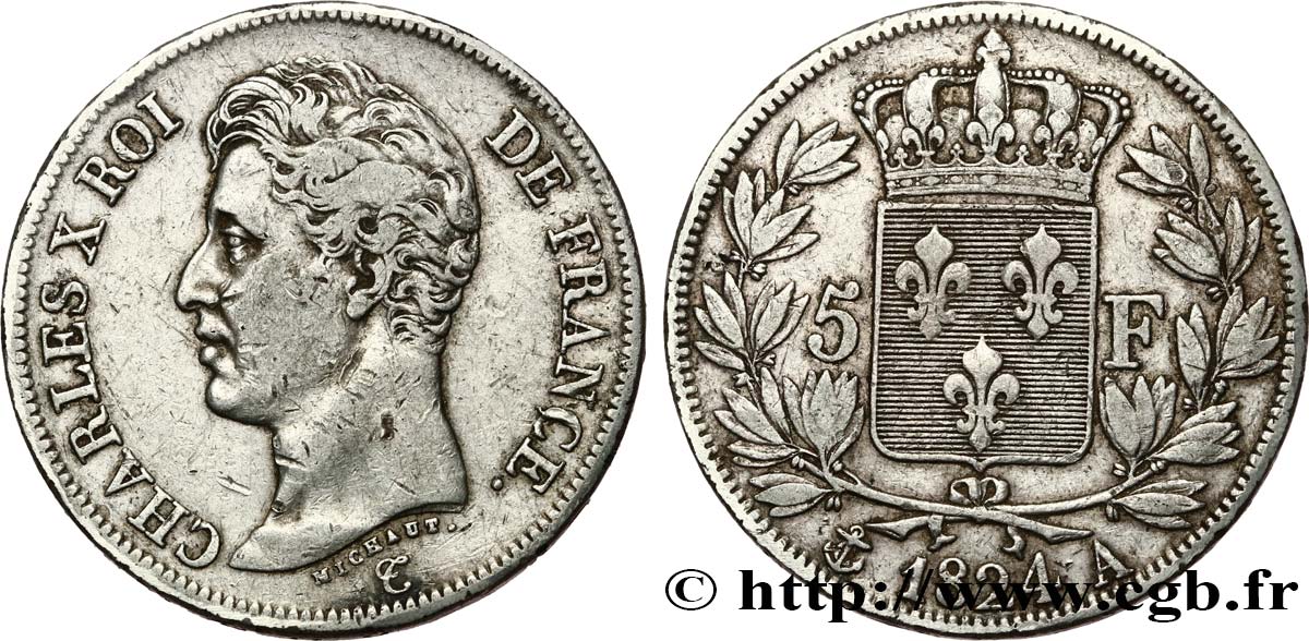 5 francs Charles X, 1er type 1824 Paris F.310/1 q.BB 