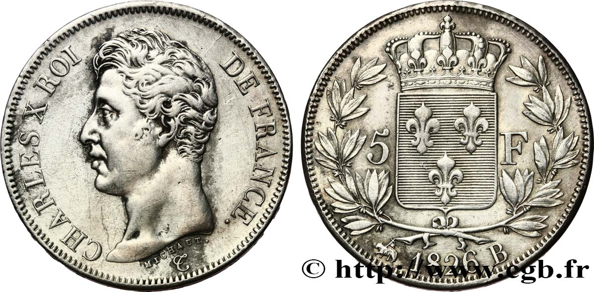 5 francs Charles X, 1er type 1826 Rouen F.310/16 TB+ 