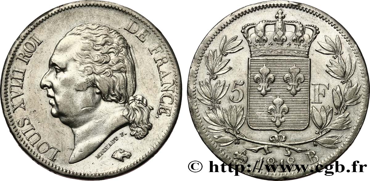 5 francs Louis XVIII, tête nue 1818 Rouen F.309/29 TTB+ 