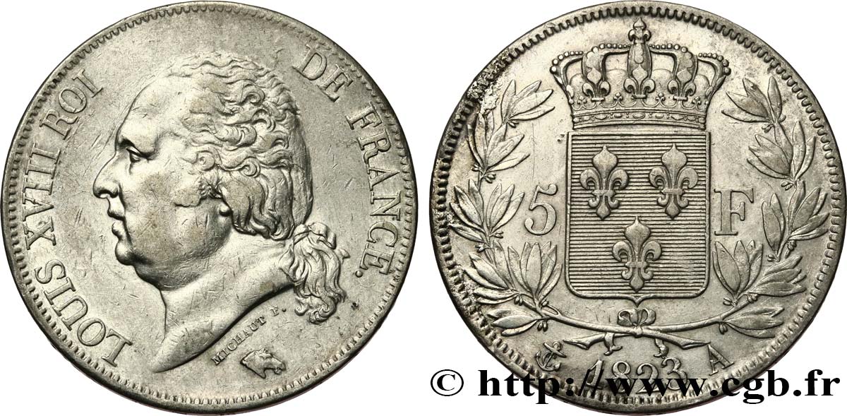 5 francs Louis XVIII, tête nue 1823 Paris F.309/76 XF 