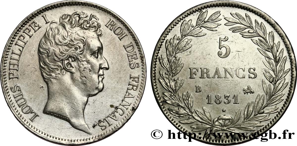 5 francs type Tiolier avec le I, tranche en creux 1831 Rouen F.315/15 AU 