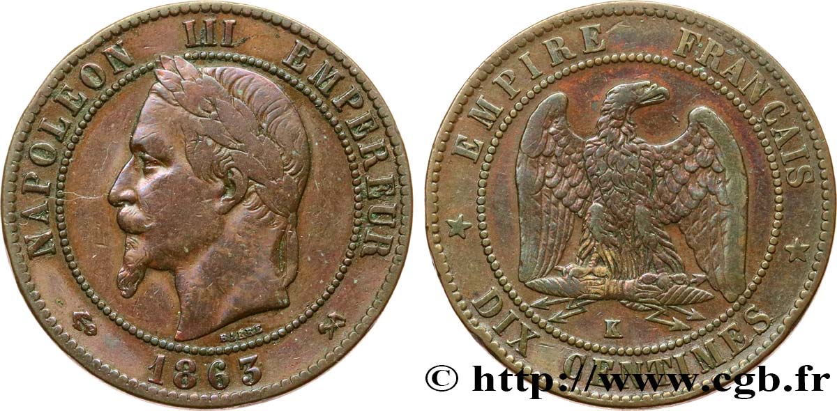 Dix centimes Napoléon III, tête laurée 1863 Bordeaux F.134/12 VF 