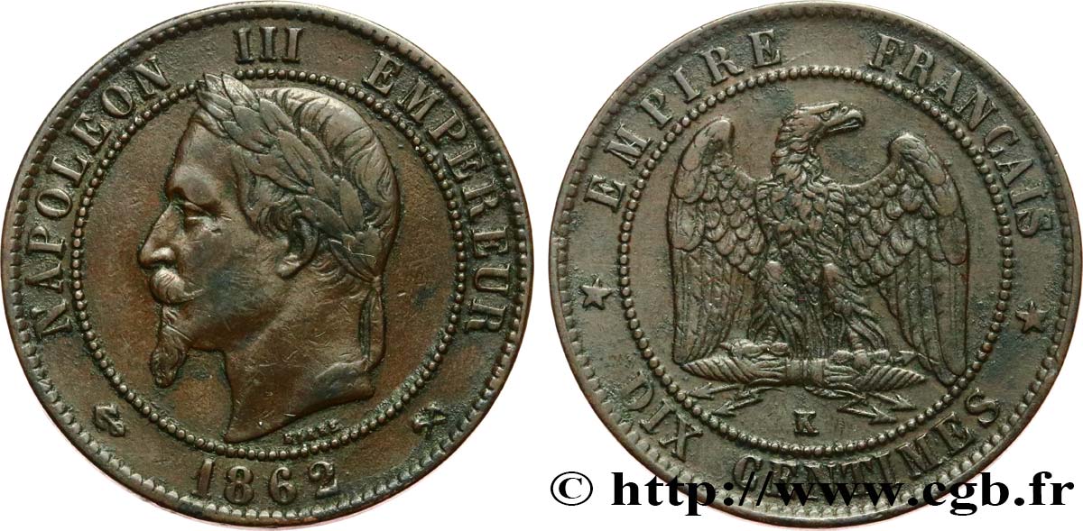 Dix centimes Napoléon III, tête laurée 1862 Bordeaux F.134/9 BB 