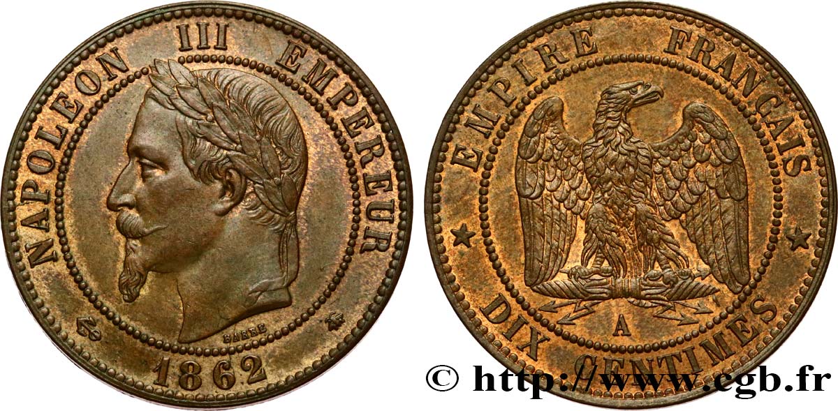 Dix centimes Napoléon III, tête laurée 1862 Paris F.134/7 SUP62 