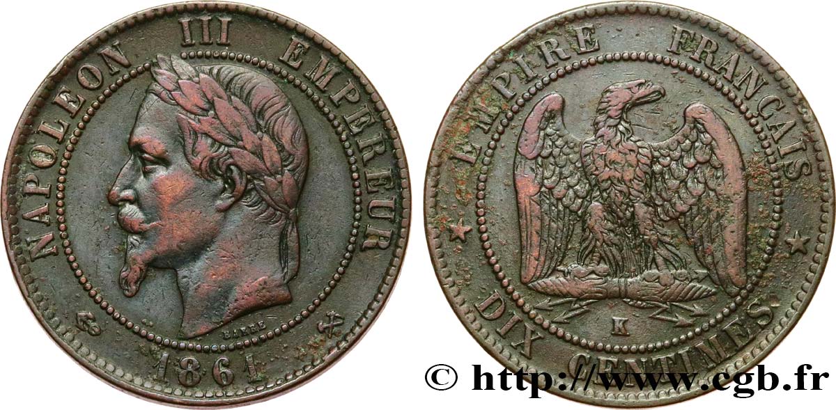 Dix Centimes Napoléon tête laurée 1861 Bordeaux F.134/6 TB 