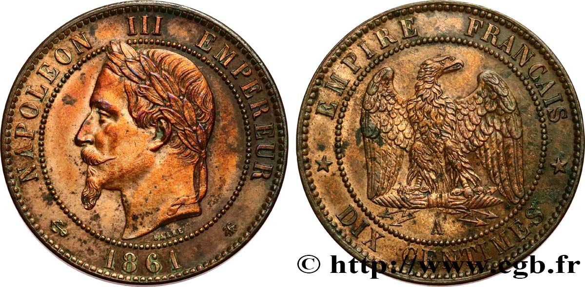 Dix centimes Napoléon III, tête laurée 1861 Paris F.134/4 SUP 