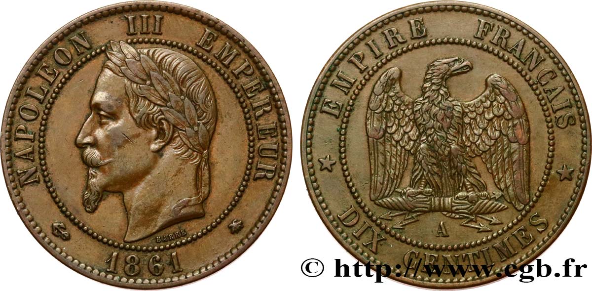 Dix centimes Napoléon III, tête laurée 1861 Paris F.134/4 q.SPL 