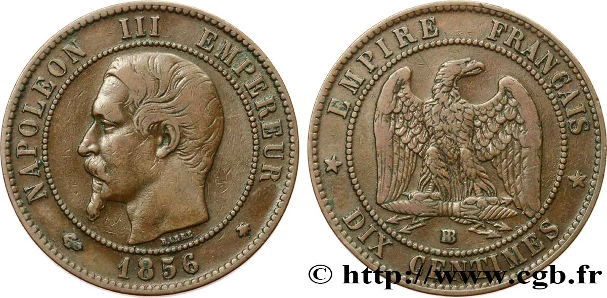 Dix centimes Napoléon III, tête nue 1856 Strasbourg F.133/36 TB35 