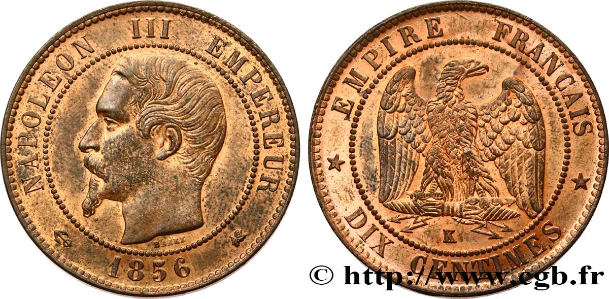 Dix centimes Napoléon III, tête nue 1856 Bordeaux F.133/38 SUP62 