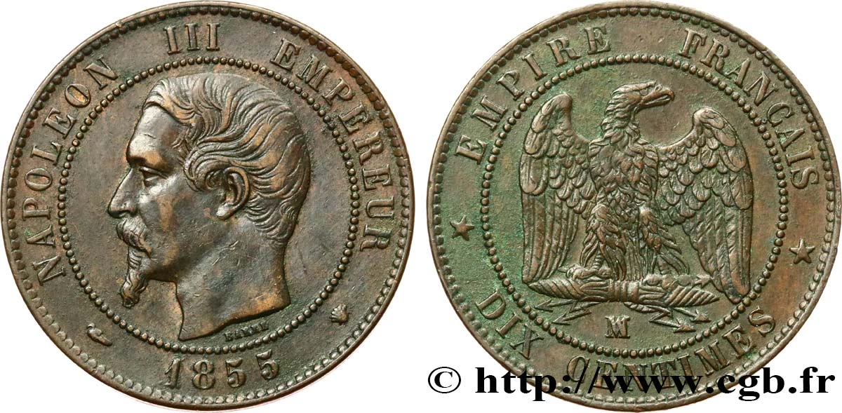 Dix centimes Napoléon III, tête nue, différent levrette 1855 Marseille F.133/30 TTB 