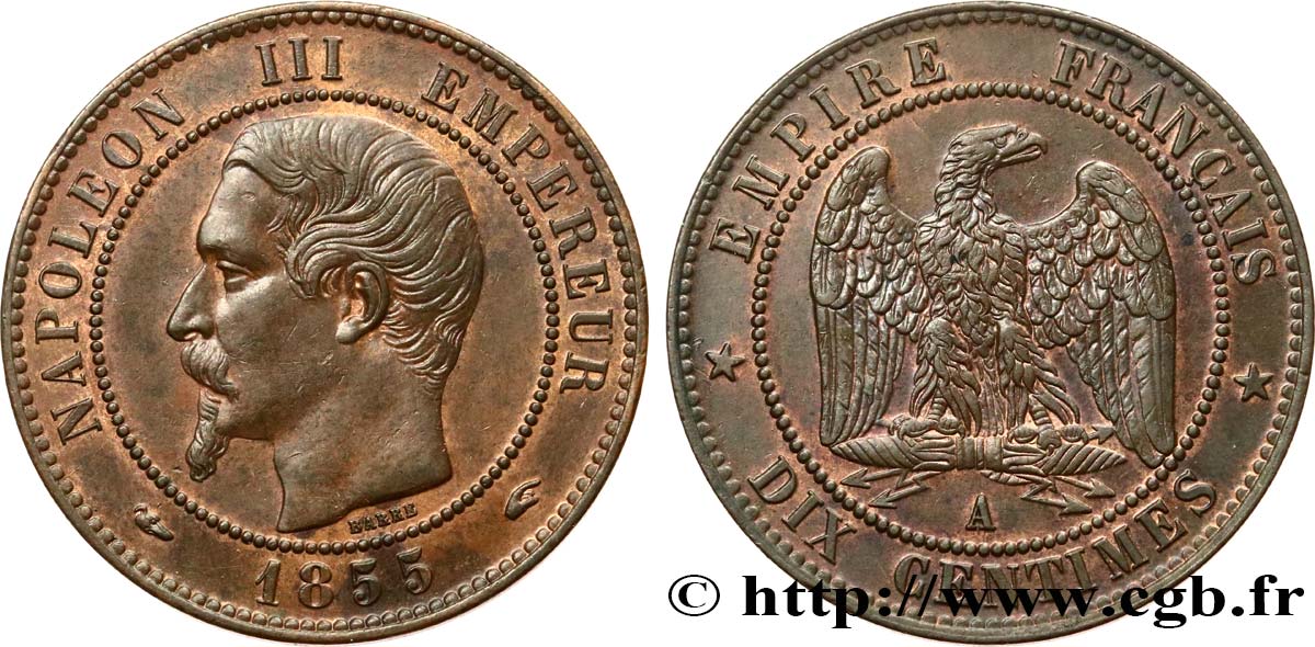 Dix centimes Napoléon III, tête nue 1855 Paris F.133/19 SUP 