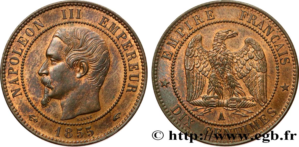 Dix centimes Napoléon III, tête nue 1855 Paris F.133/20 SUP62 