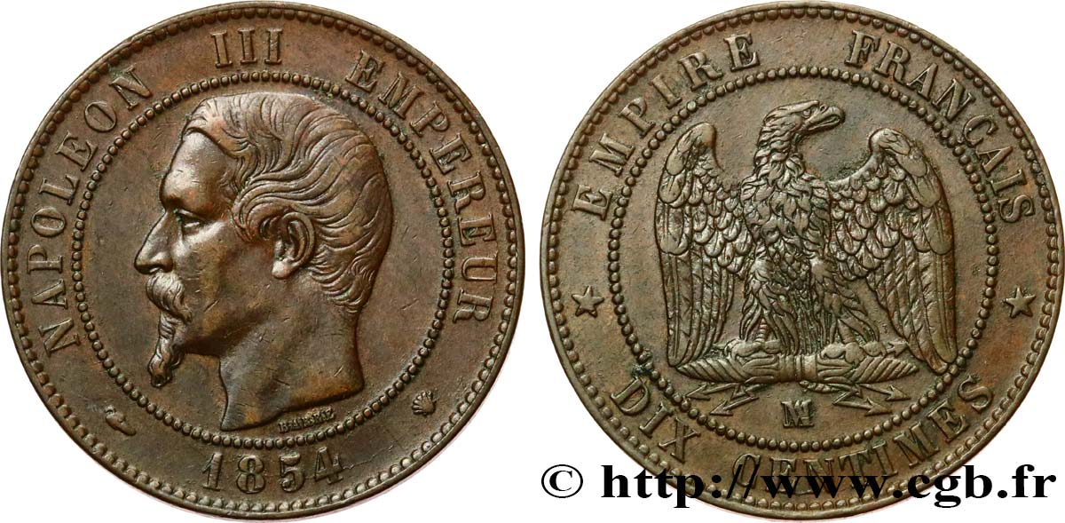 Dix centimes Napoléon III, tête nue 1854 Marseille F.133/17 AU50 