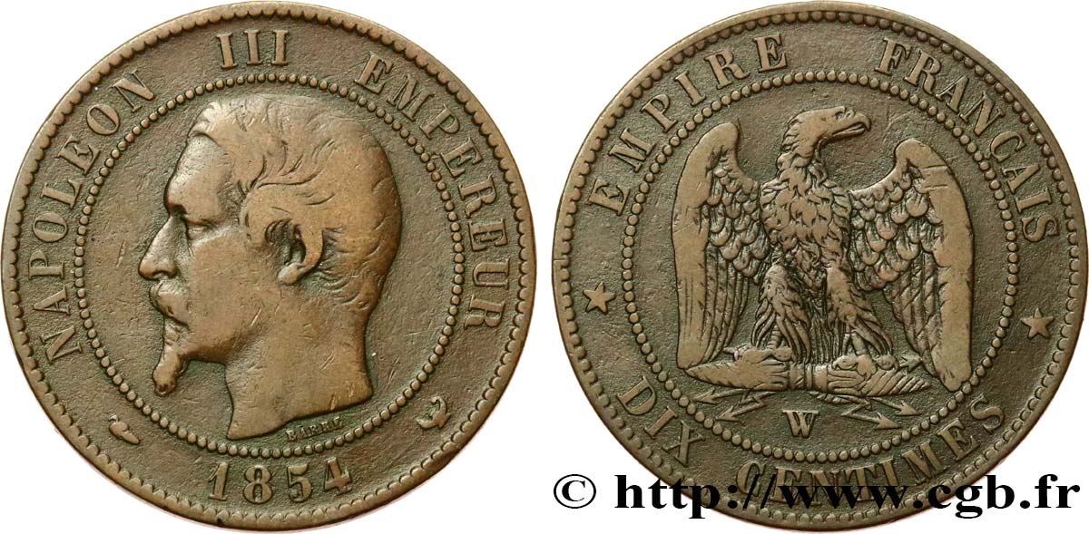 Dix centimes Napoléon III, tête nue 1854 Lille F.133/18 TB25 