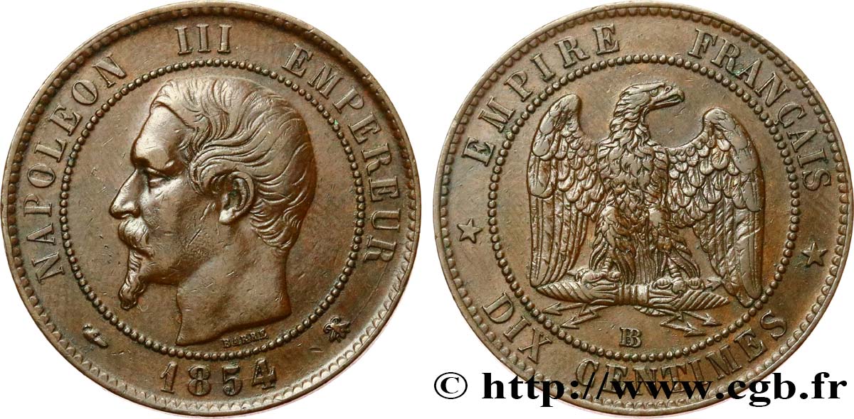 Dix centimes Napoléon III, tête nue 1854 Strasbourg F.133/14 TTB50 