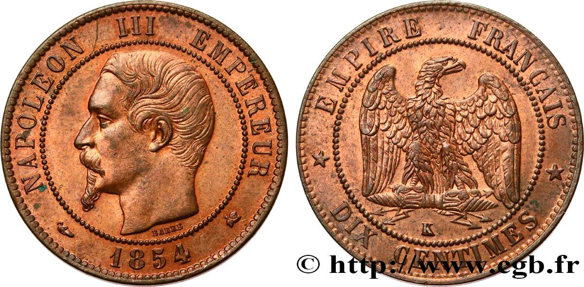 Dix centimes Napoléon III, tête nue 1854 Bordeaux F.133/16 fST63 