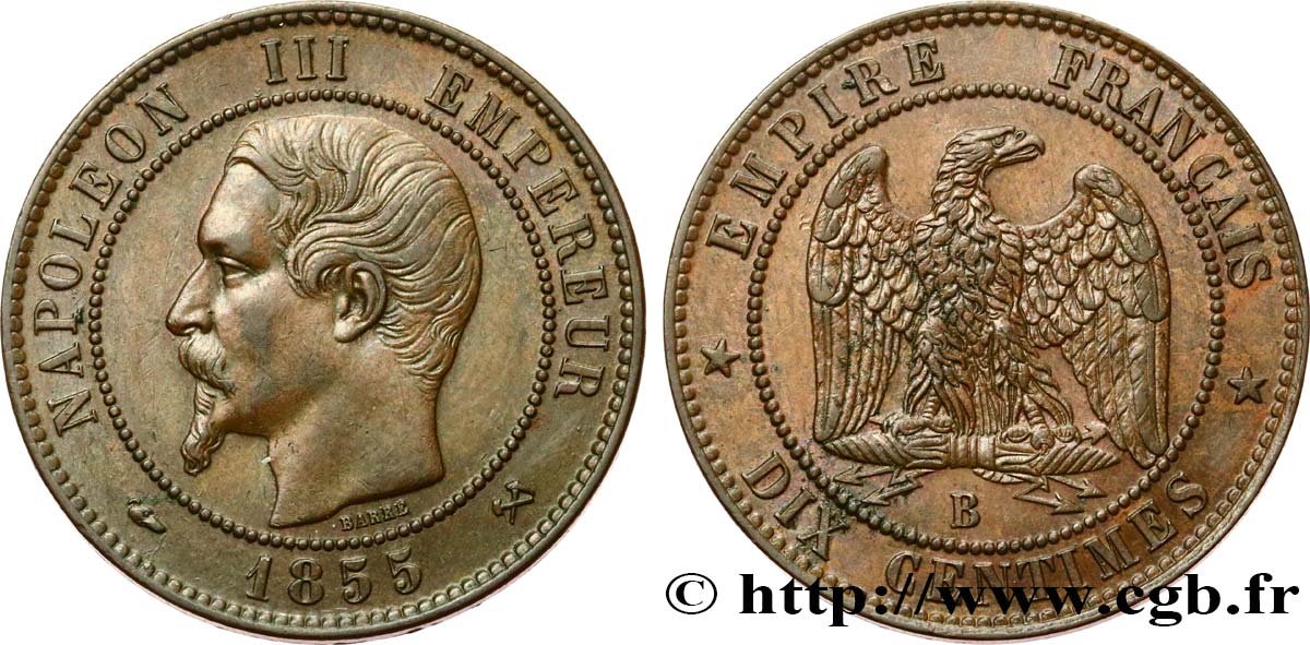 Dix centimes Napoléon III, tête nue 1855 Rouen F.133/21 AU55 