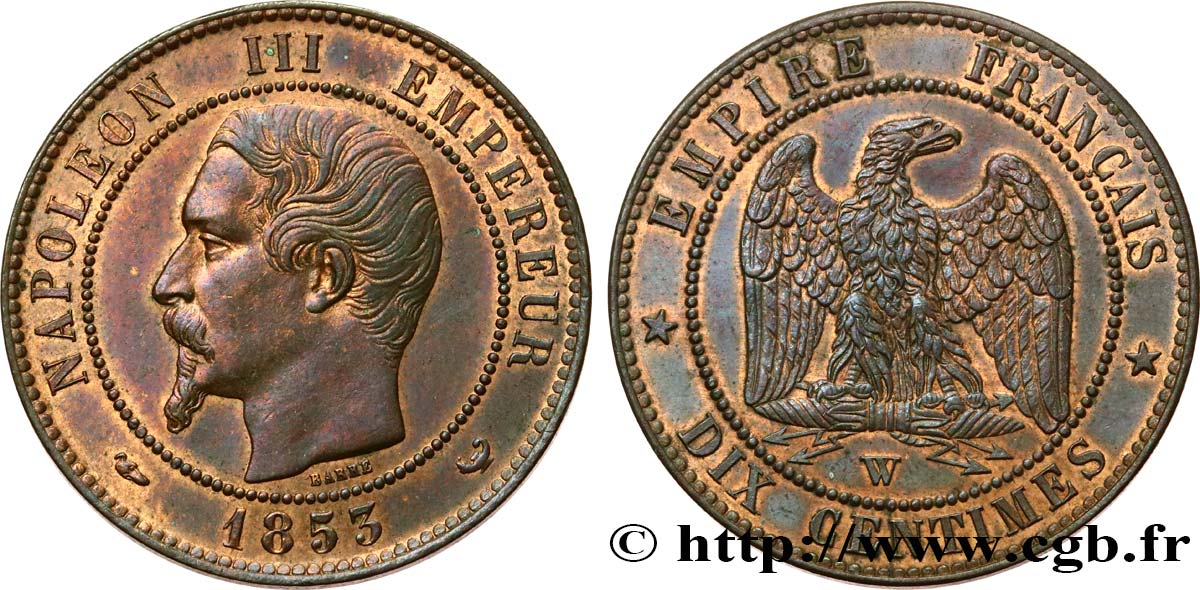 Dix centimes Napoléon III, tête nue 1853 Lille F.133/10 MS61 
