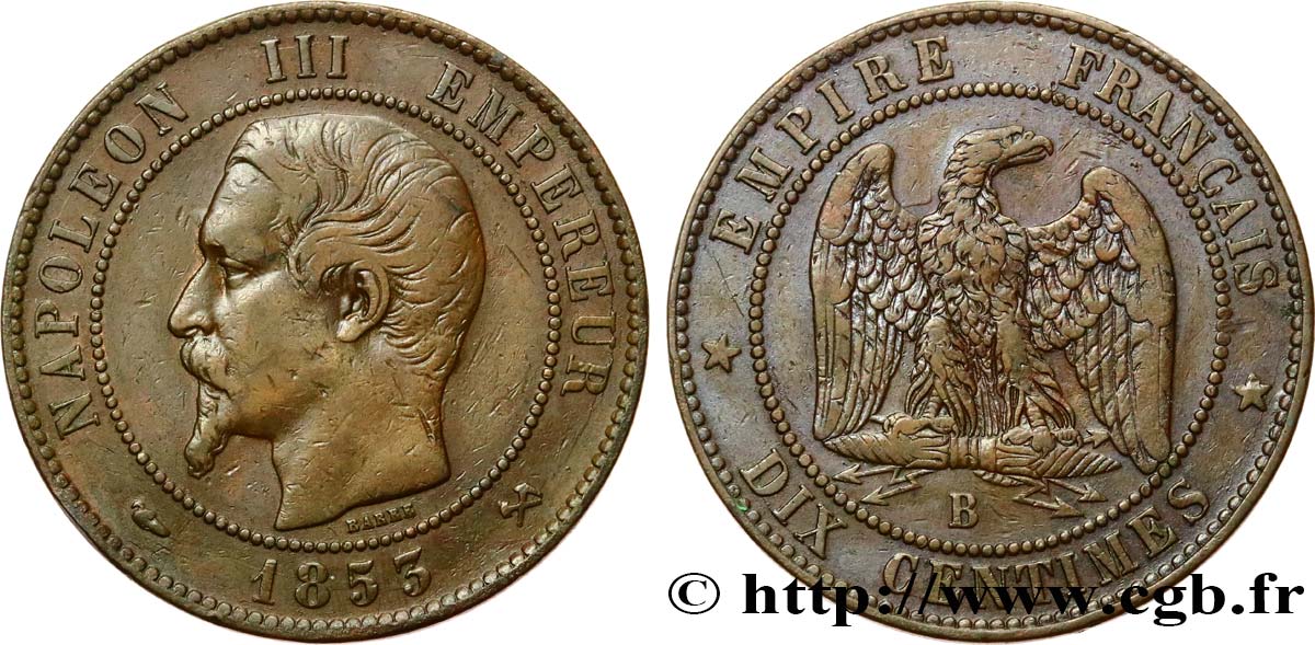 Dix centimes Napoléon III, tête nue 1853 Rouen F.133/3 TTB40 