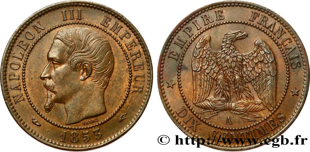 Dix centimes Napoléon III, tête nue 1853 Paris F.133/2 SUP62 