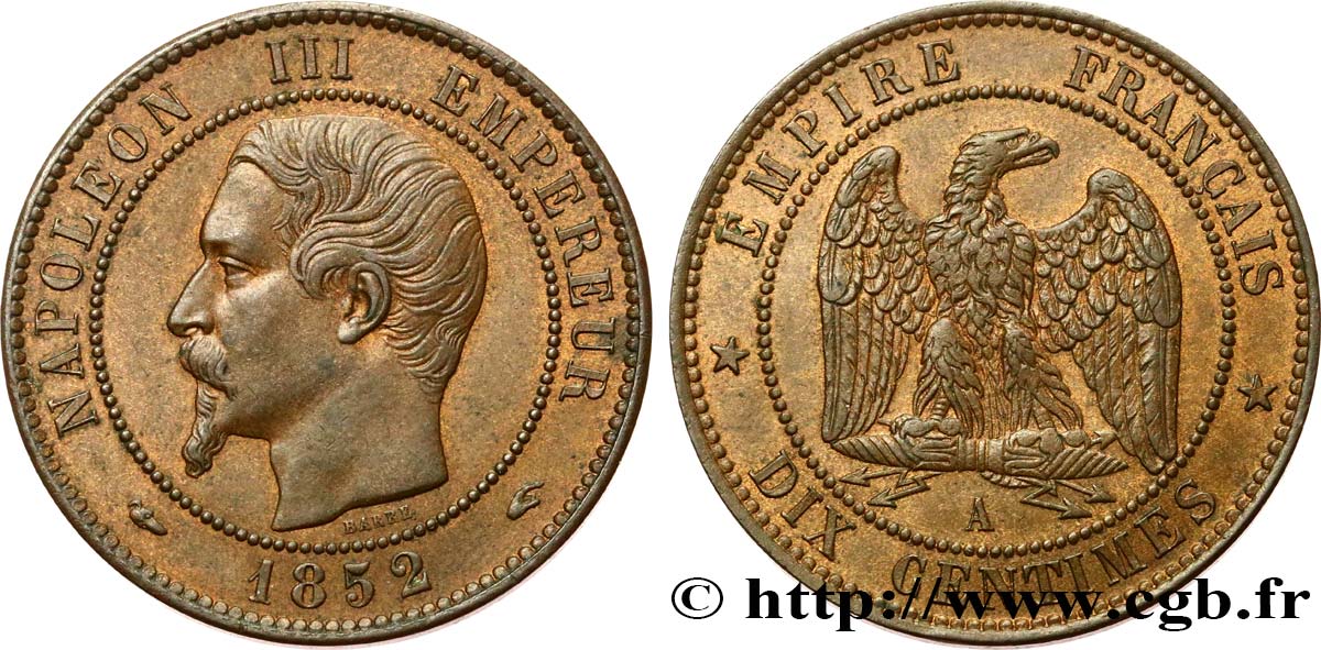 Dix centimes Napoléon III, tête nue 1852 Paris F.133/1 SUP61 