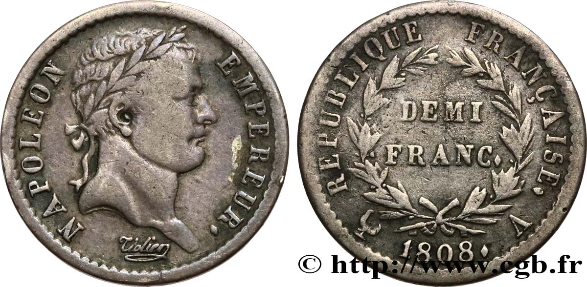 Demi-franc Napoléon Ier tête laurée, République française, buste fin 1808 Paris F.177/2 VF 