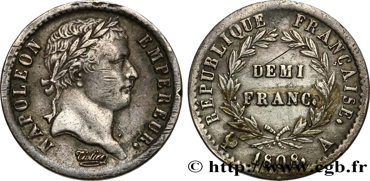 Demi-franc Napoléon Ier tête laurée, République française, buste fin 1808 Paris F.177/2 XF 