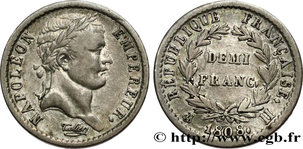 Demi-franc Napoléon Ier tête laurée, République française 1808 La Rochelle F.177/7 TTB40 