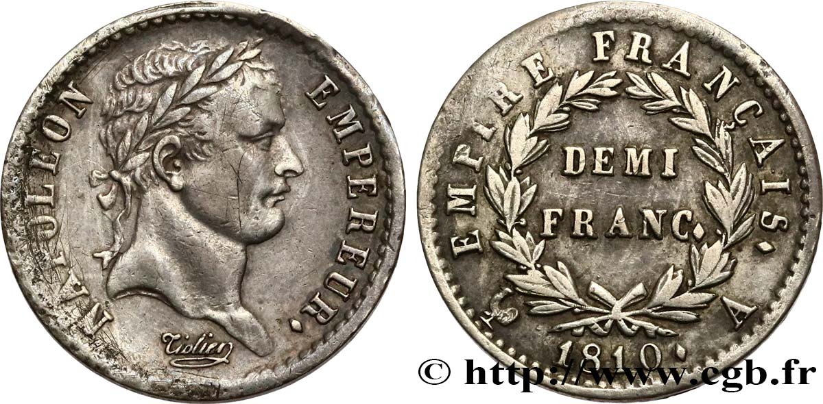 Demi-franc Napoléon Ier tête laurée, Empire français 1810 Paris F.178/10 TB+ 