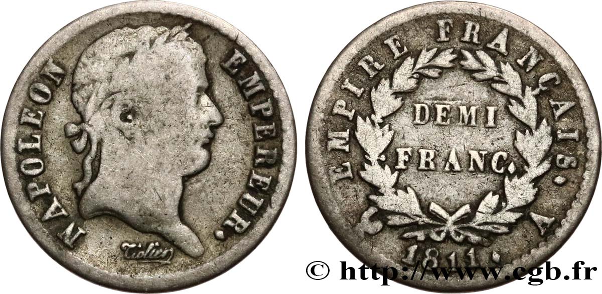 Demi-franc Napoléon Ier tête laurée, Empire français 1811 Paris F.178/21 VG10 