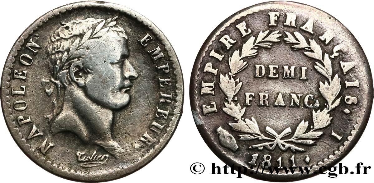 Demi-franc Napoléon Ier tête laurée, Empire français 1811 Limoges F.178/26 MB 