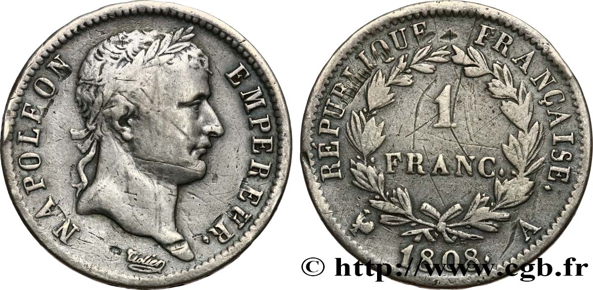 1 franc Napoléon Ier tête laurée, République française 1808 Paris F.204/2 MB 