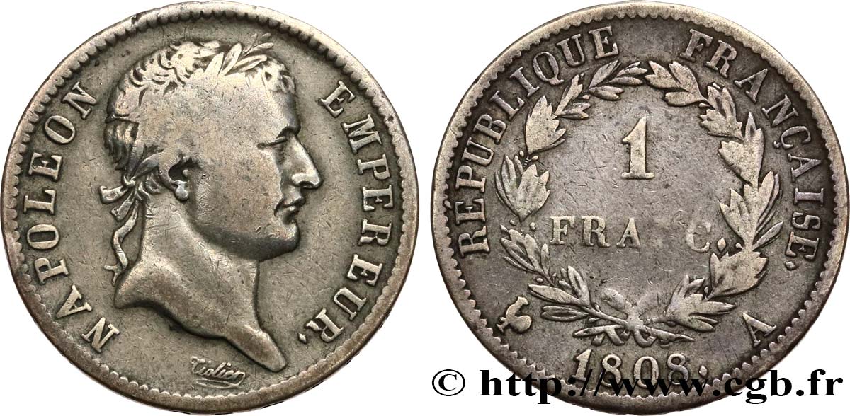 1 franc Napoléon Ier tête laurée, République française 1808 Paris F.204/2 TB 