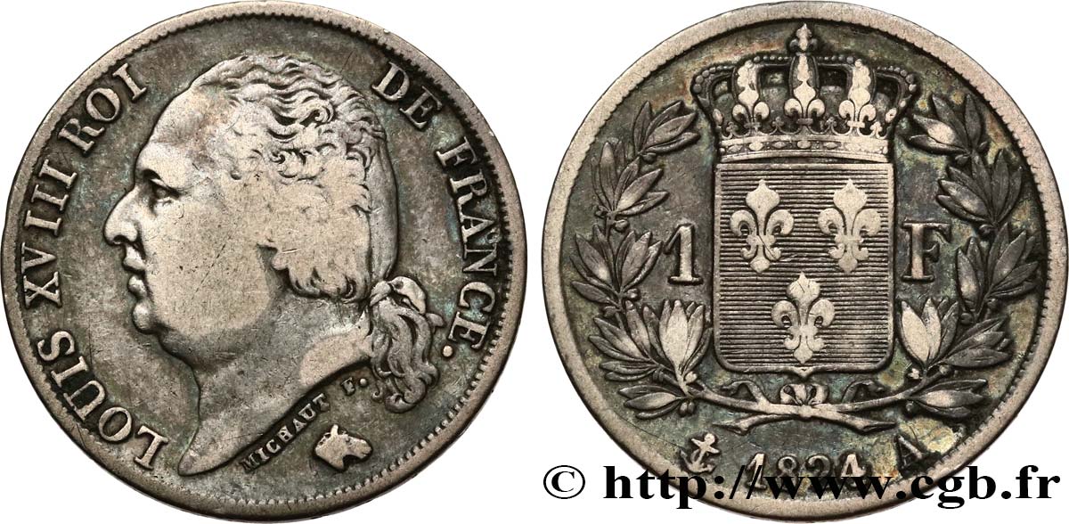 1 franc Louis XVIII 1824 Paris F.206/56 TB25 