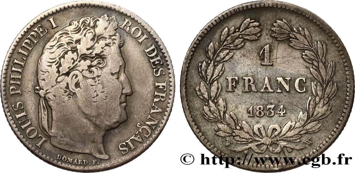 1 franc Louis-Philippe, couronne de chêne 1834 Lille F.210/39 TB 