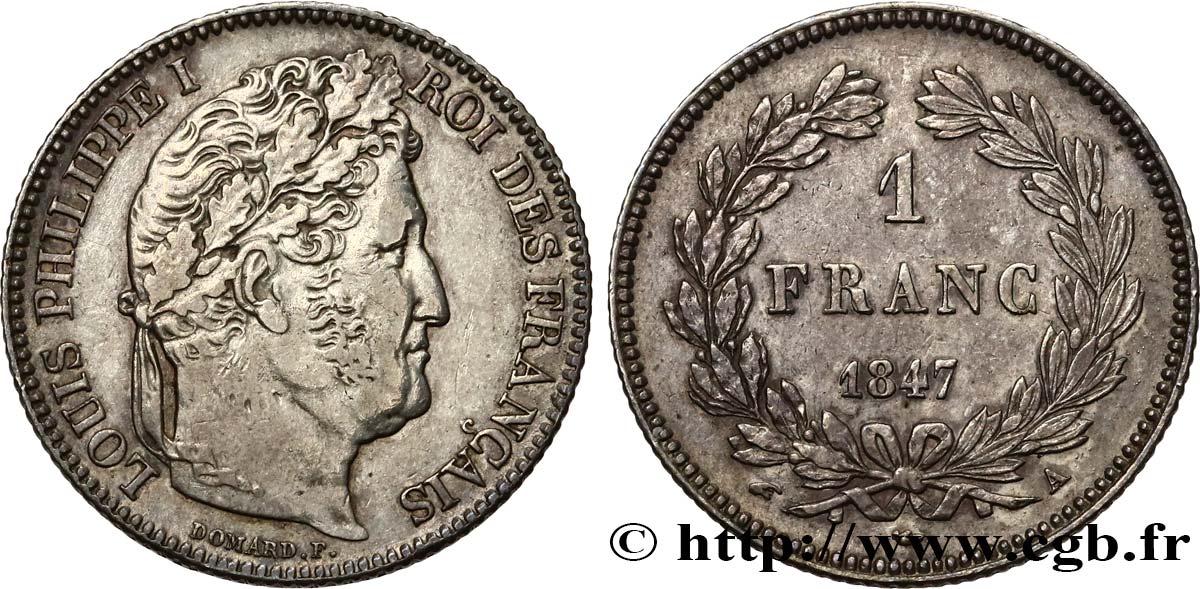 1 franc Louis-Philippe, couronne de chêne 1847 Paris F.210/110 XF 