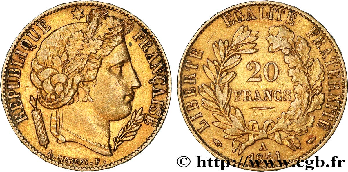 20 francs or Cérès 1851 Paris F.529/4 MBC 