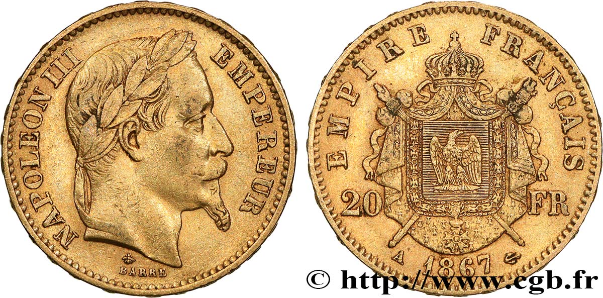 20 francs or Napoléon III, tête laurée 1867 Paris F.532/15 MBC 