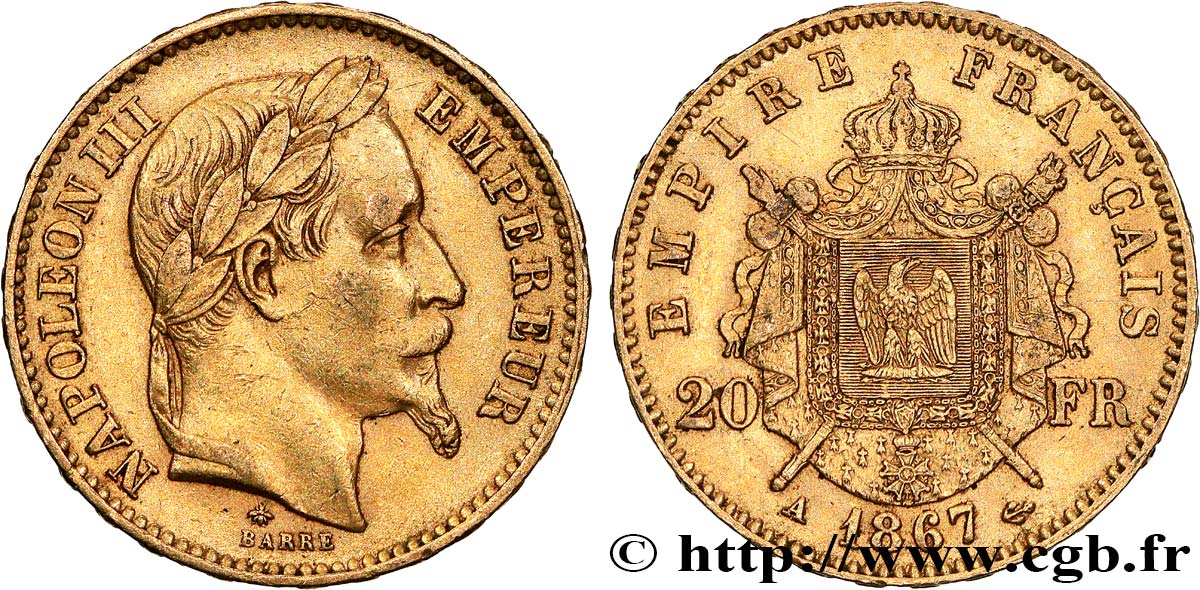 20 francs or Napoléon III, tête laurée 1867 Paris F.532/15 TTB 